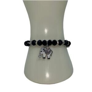 NWT Black Beaded Silver-Tone Rhinestone Elephant Pendant Stretch Bracelet